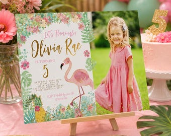 May include: A birthday party scene with a pink flamingo theme. The invitation reads "Let's Flamingle! Olivia Rae is turning 5." A young girl in a pink dress is pictured next to the invitation. A pink cake with a gold "5" is also visible.