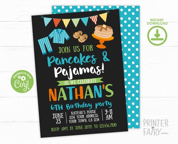 Pancakes and Pajamas Birthday Invitation, EDITABLE Invite, Pajama Party Invitation, Slumber Party Invitation, INSTANT DOWNLOAD Il_570xn