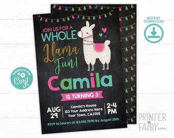 Llama Birthday Invitation, EDITABLE, Llama Birthday Party, Alpaca Invitation, Llama Fun Invitation, INSTANT DOWNLOAD