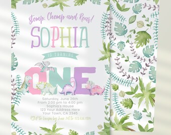 Dinosaur First Birthday Invitation, EDITABLE, Girl 1st Birthday Invitation, Dinosaur Birthday Party, Stomp Chomp and Roar,  INSTANT DOWNLOAD