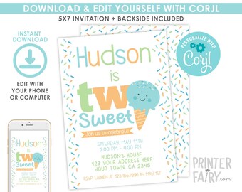 Two Sweet Invitation, EDITABLE, Ice Cream Invitation, Sprinkles, Ice Cream Birthday Party, Instant Download