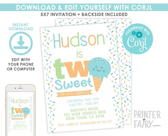 Two Sweet Invitation, EDITABLE, Ice Cream Invitation, Sprinkles, Ice Cream Birthday Party, Instant Download Il_570xn