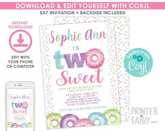 Donut Birthday Invitation, 2nd Birthday, EDITABLE Invitation, Donut 2nd birthday Invitation, Two Sweet Invitation, EDIT YOURSELF with Corjl