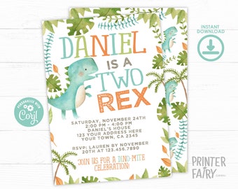 Two Rex Invitation, EDITABLE, Dinosaur Birthday Invitation, Dinosaur Birthday Party, EDIT YOURSELF Digital Invite, Instant Download