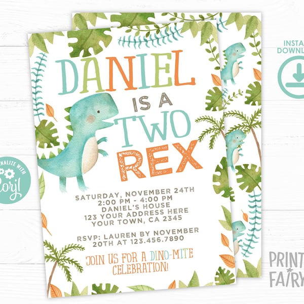 Two Rex Invitation, EDITABLE, Dinosaur Birthday Invitation, Dinosaur Birthday Party, EDIT YOURSELF Digital Invite, Instant Download