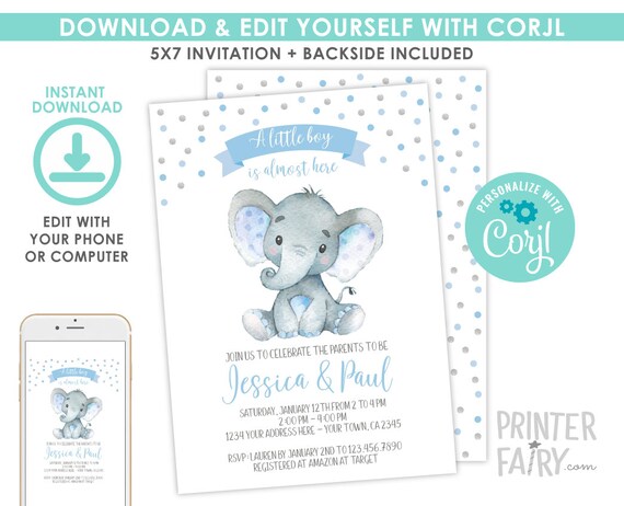 EDITABLE Elephant Baby Shower Invitation, Boy Baby Shower, Jungle Safari Baby Shower Invitation, Polkadots, EDIT YOURSELF Digital Invite Il_570xn