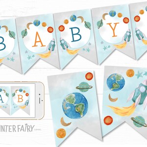 Outer Space Baby Shower Party Banner, Editable Template, Planets Rocket Ship Party Decorations, Galaxy Party Banner, Space Rocket Stickers