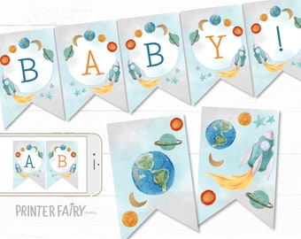 Outer Space Baby Shower Party Banner, Editable Template, Planets Rocket Ship Party Decorations, Galaxy Party Banner, Space Rocket Stickers