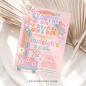 Editable Groovin into Seven Groovy Invitation 7th Birthday Daisy Invitation 70s Hippie Party Rainbow Party Digital Instant Download GR1