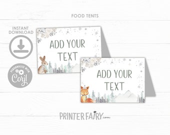 Winter Wonderland Food Tents, EDITABLE, Winter Birthday Party, Snowflake Place Cards, Winter Floral, Deer Birthday Decor, INSTANT DOWNLOAD