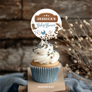 Cowboy Baby Shower Cupcake Toppers, Editable, Rodeo Baby Sprinkle Toppers Little Cowboy Baby Shower Party Wild West Rodeo Ranch Baby Shower