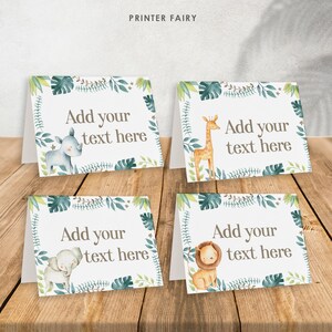 Safari bewerkbare voedseltentenbundel met 4 ontwerpen, Wild One buffetkaarten, wilde dieren verjaardagsdecoraties, direct downloaden