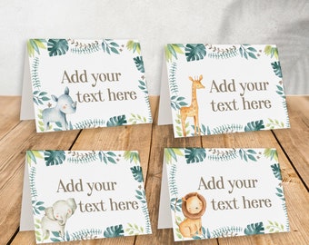 May include: Four white cards featuring watercolour illustrations of jungle animals: a rhino, giraffe, elephant, and lion. Each card has the text "Add your text here" and is framed with green leaves.