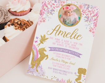 Fairy Unicorn and Mermaid with Photo EDITABLE Birthday Invitation, Magical Birthday, Floral Birthday Invitation, EDIT YOURSELF Invitation