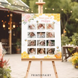 Editable Bee Birthday Party Photo Board, Honeycomb Design, Sweet as Can Bee 1st Bee Day Memory Banner, Instant Download in Corjl