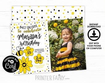 Bee Birthday Invitation, Editable, Honey Bee Invitation, Bee Birthday Party, Sunflower Bee Invitation, Beeday Invitation, Instant Download