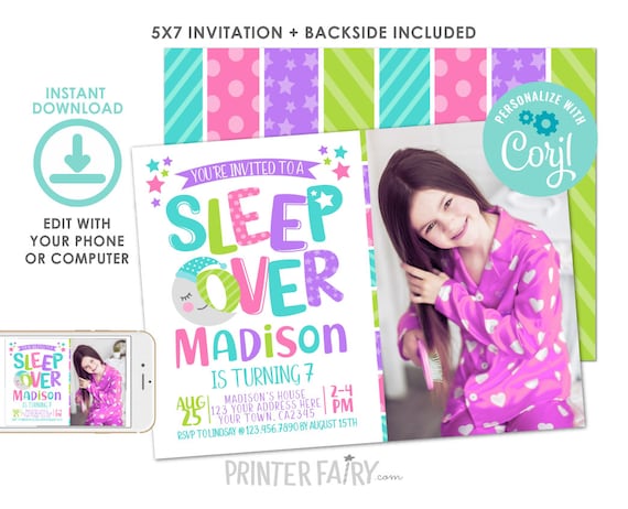 Sleepover Birthday Invitation with photo,EDITABLE, Pajama Party Invitation, Slumber Party Birthday Invitation, DIGITAL Instant Download Il_570xn