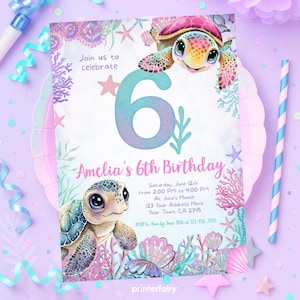 Sea Turtle 6th Birthday Invitation, Under the Sea Editable Party Invite Template, Turtley Awesome Birthday, Instant Download