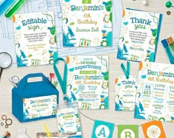 Science Birthday Party Bundle Editable Templates, Invitation, Printable Decorations, Instant Download