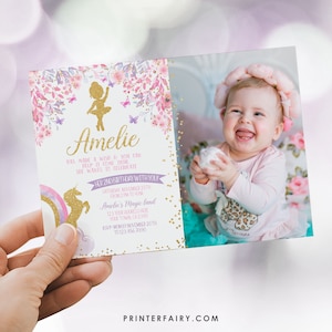 Ballerina en eenhoorn verjaardagsuitnodiging met foto, BEWERKBARE ballerina-uitnodiging, eenhoorn uitnodiging, magisch feest, direct downloaden