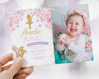 Ballerina & Unicorn Birthday Invitation with Photo, EDITABLE Ballerina Invitation, Unicorn Invitation, Magical Party, Instant Download