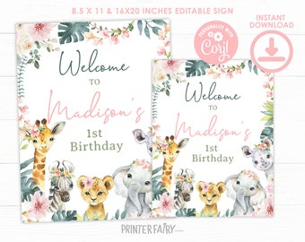 Jungle Editable Sign, EDITABLE Wild One Welcome Sign, Safari Sign, Girl Birthday, Floral Jungle Decorations, INSTANT DOWNLOAD