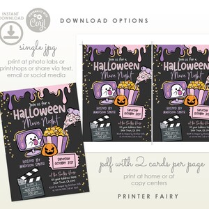 May include: Printable Halloween movie night invitation with a black background, purple and pink dripping paint, a ghost watching a movie on a TV, popcorn, a pumpkin, and pizza. The text reads "Join us for a Halloween Movie Night".