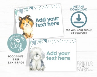 Puppy Food Cards, Dog Birthday Table Decorations, Dog Food Tents, Pet Adoption Party , Paw-ty Birthday, INSTANT DOWNLOAD
