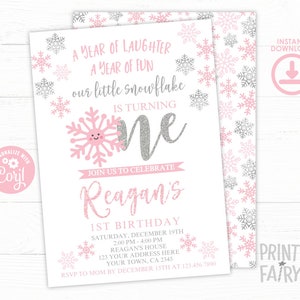 ONEderland Invitation, Editable Invitation, Little Snowflake, First Birthday Invite, DIGITAL, INSTANT DOWNLOAD image 1