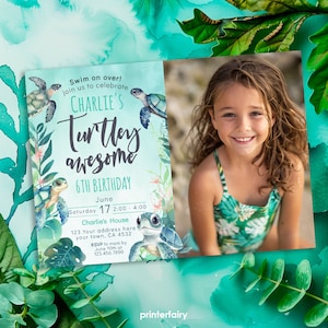 Sea Turtle Birthday Invitation with photo, Under The Sea Editable Party Invite Template, Nautical Kids Birthday Ocean Birthday Party Instant