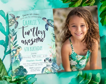 May include: A teal blue birthday invitation with a photo of a young girl in a swimsuit. The invitation features a cartoon turtle with the text "Charlie's Turtles Awesome 6th Birthday" and details for the party, including the date, time, and location.