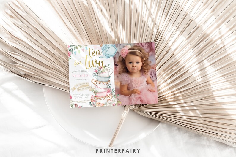 Tea Party Photo Invitation, Wonderland Birthday, Editable Corjl Template image 2