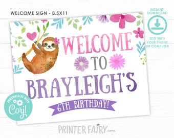Sloth Welcome Sign, EDITABLE, Sloth Birthday Party, Sloth Decorations, Bear Birthday, Jungle Birthday Party, INSTANT DOWNLOAD