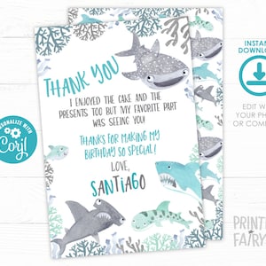 Shark Thank You Cards, EDITABLE, Under the sea Thank You Cards, Fintastic Birthday, Jawsome Birthday Party, INSTANT DOWNLOAD