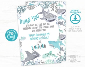 Shark Thank You Cards, EDITABLE, Under the sea Thank You Cards, Fintastic Birthday, Jawsome Birthday Party, INSTANT DOWNLOAD