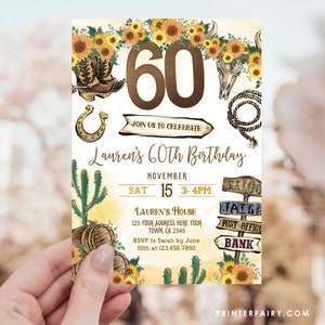 60th Cowgirl Birthday Bash: Rustic Wild West & Rodeo Invitation for Adults, Sixtieth Birthday Party Invite Template Editable in Corjl image 1