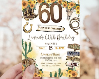 60th Cowgirl Birthday Bash: Rustic Wild West & Rodeo Invitation for Adults, Sixtieth Birthday Party Invite - Template Editable in Corjl