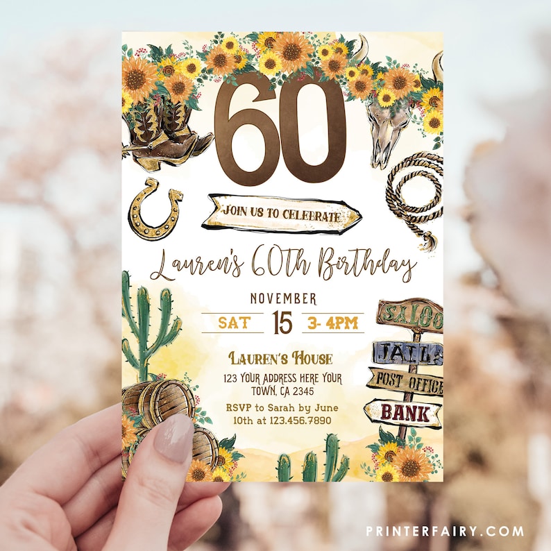 60th Cowgirl Birthday Bash: Rustic Wild West & Rodeo Invitation for Adults, Sixtieth Birthday Party Invite Template Editable in Corjl image 1