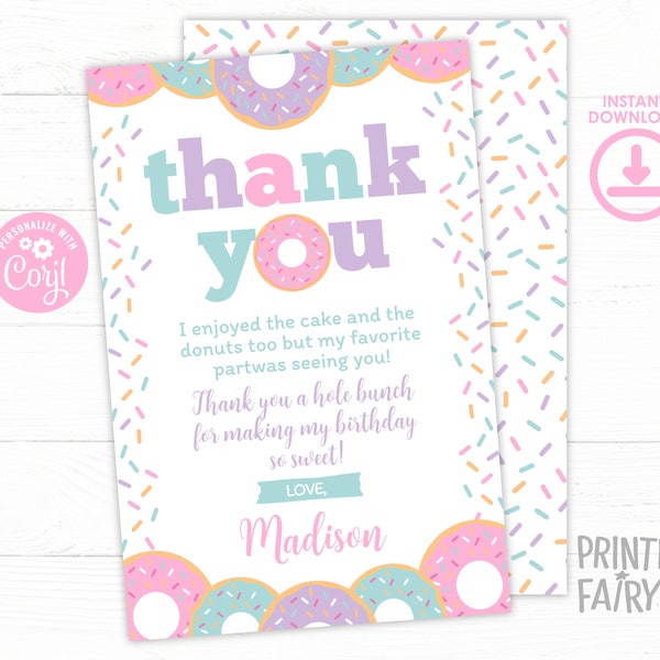 Donut Thank You Cards, EDITABLE Thank you cards, Donut birthday Thank You Tags, Donut Birthday Party, Sprinkles, EDIT YOURSELF with Corjl