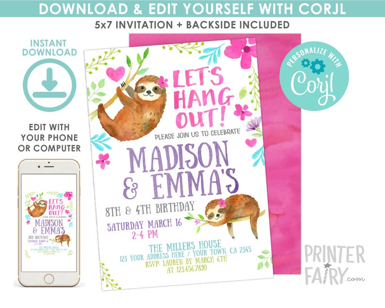 Sloth Invitation, EDITABLE, Siblings Invitation, Sloth Birthday Party, Jungle Invitation, Any age, EDIT YOURSELF Digital Invite image 2