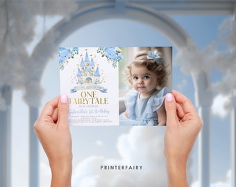 Princess 1st Birthday Invitation with Photo, Blue Princess Theme, Princess 1st Party Invite, Editable Template