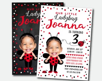 Ladybug Birthday Invitation with photo, Ladybug Party, Personalized Invitation, Polkadot Girls Invitation, 2 options