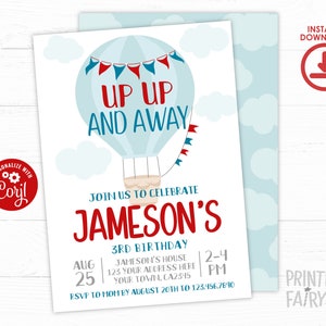 Hot Air Balloon Birthday Invitation, EDITABLE, Hot Balloon Invitation, Up up and away Birthday Invitation, INSTANT DOWNLOAD