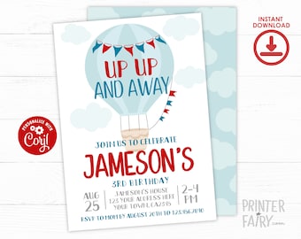 Hot Air Balloon Birthday Invitation, EDITABLE, Hot Balloon Invitation, Up up and away Birthday Invitation, INSTANT DOWNLOAD