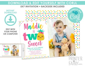 Pineapple 2nd Birthday Invitation with Photo, EDITABLE, Pineapple Birthday Party, Luau Invitation, EDIT YOURSELF, Instant Download