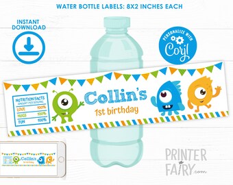 Little Monster Water Bottle Labels, EDITABLE label, Little Monster 1st Birthday Party, Birthday Decorations, INSTANT DOWNLOAD