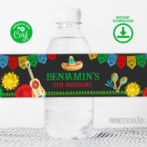 Fiesta Birthday Party Water Bottle Label, Editable Mexican Fiesta label Fiesta Decorations Cinco de Mayo Birthday Time Two Siesta Three-esta