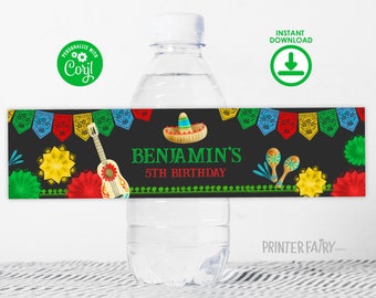 Fiesta Birthday Party Water Bottle Label, Editable Mexican Fiesta label Fiesta Decorations Cinco de Mayo Birthday Time Two Siesta Three-esta