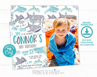 Shark Birthday Invitation with photo, EDITABLE, Fintastic Invitation, Jawsome Birthday Invitation, INSTANT DOWNLOAD