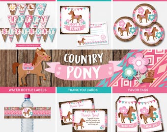 May include: A collection of party supplies featuring a brown pony, pink flowers, and turquoise accents. Items include a birthday banner, adopt a pony sign and certificate, circular stickers, water bottle labels, thank you cards, and favor tags.